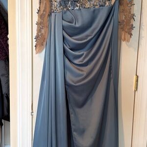 SHEIN Dusty Blue Satin & Nude Lace Prom Dress
